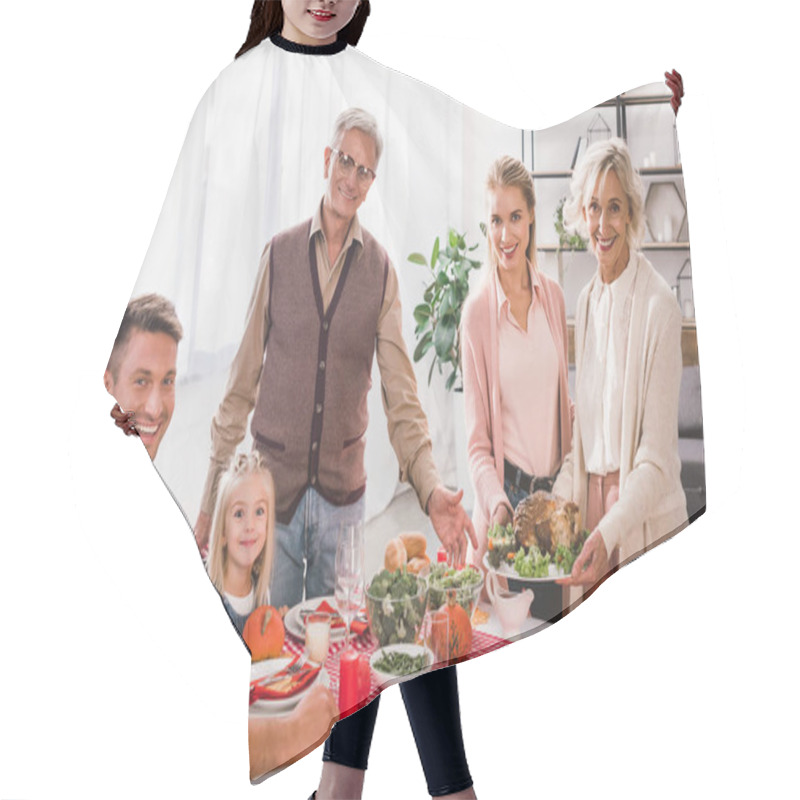 Personality  Family Members Sitting At Table And Holding Plate With Turkey In Thanksgiving Day       Hair Cutting Cape