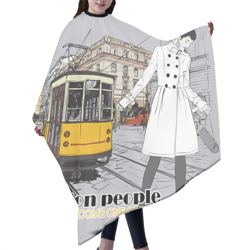 Personality  Vector Illustration Of A Pretty Fashion Girl And Old Tram. Hair Cutting Cape