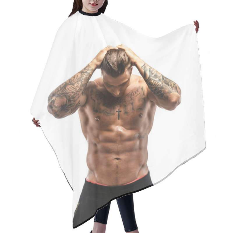 Personality  Muscular Guy With Tattooed Body Hair Cutting Cape