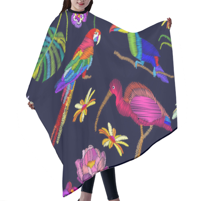 Personality  Seamless Vector Pattern With Embroidered Parrot, Toucan And Ibis. Hair Cutting Cape