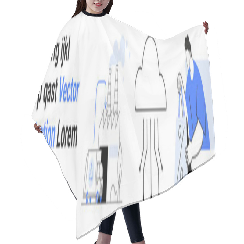 Personality  Factory With Delivery Van, Cloud Technology Icon, Delivery Person Giving A Package. Ideal For Logistics, Cloud Computing, Delivery Services, Customer Satisfaction, Industry, Technology Smart Hair Cutting Cape