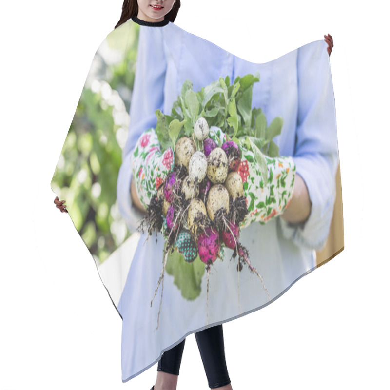 Personality  Female Hands Holding Pale Of Radish Harvest, Close-up Hair Cutting Cape