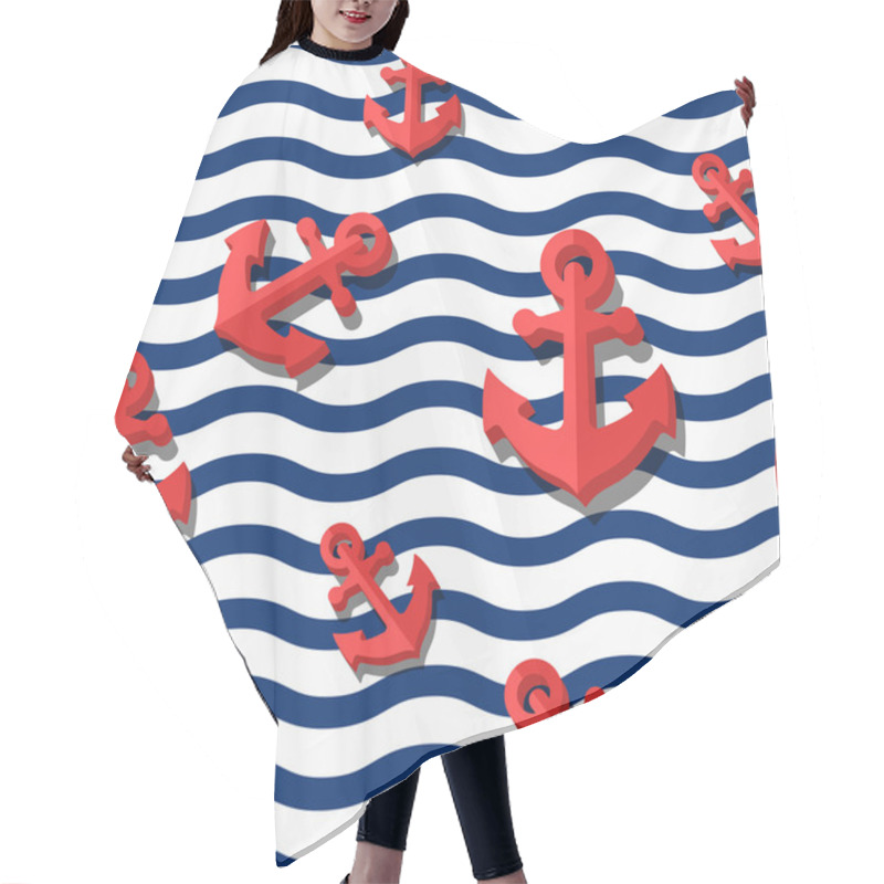 Personality  Vector Seamless Pattern With 3d Stylized Red Anchors And Blue Wavy Stripes. Hair Cutting Cape