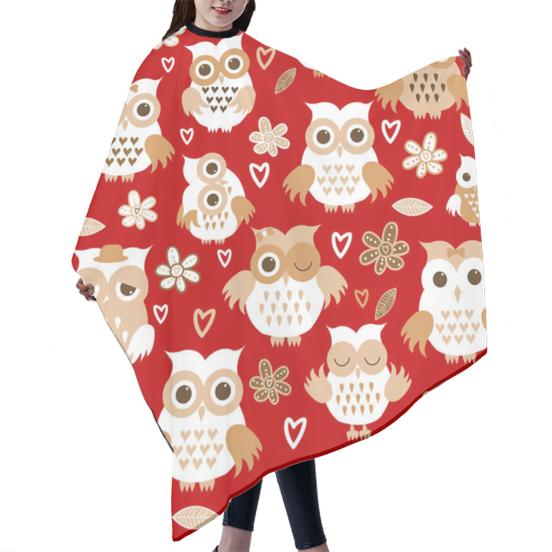 Personality  Cartoon Owls Over Red Background. Seamless Pattern With Owls And Flowers Hair Cutting Cape