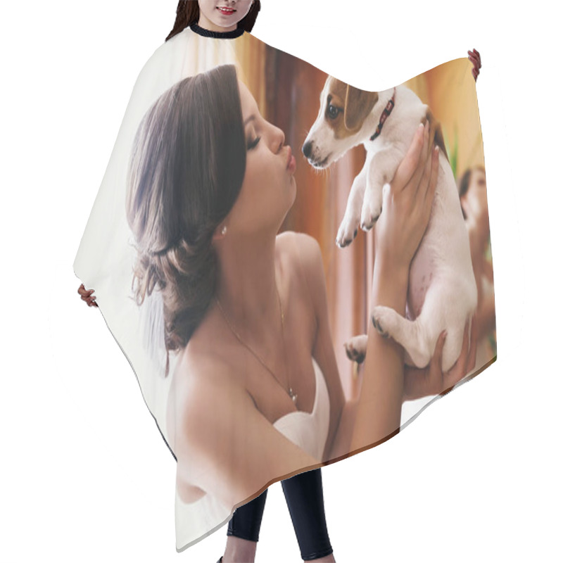 Personality  Bride Kisses A Puppy Holding It In Her Hands  Hair Cutting Cape