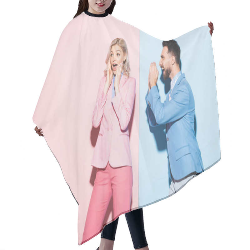 Personality  Handsome Man Looking At Shocked Woman On Pink And Blue Background  Hair Cutting Cape