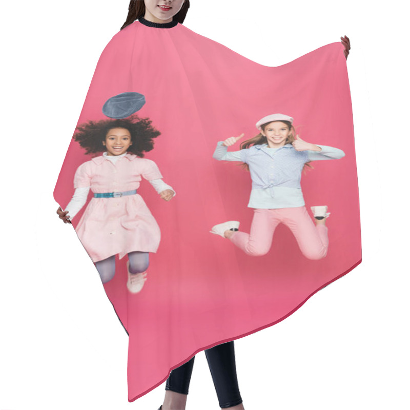 Personality  Excited Interracial Girls In Stylish Spring Outfit Levitating On Pink Hair Cutting Cape