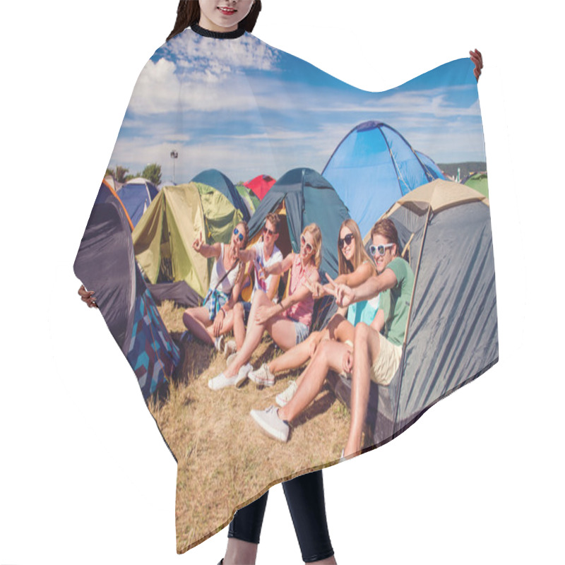 Personality  Teenagers Sitting In Front Of Tents Hair Cutting Cape