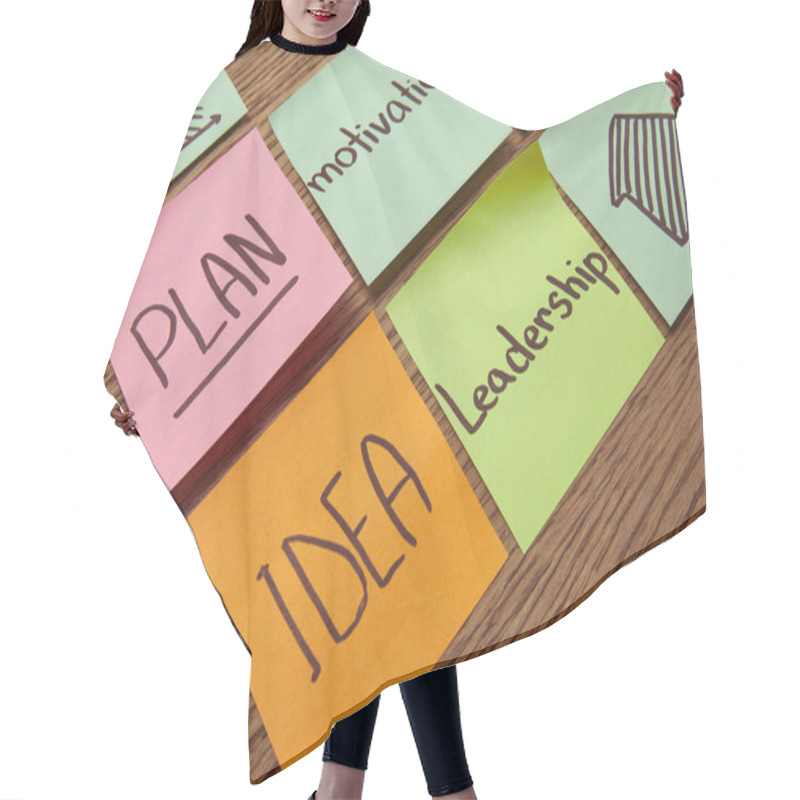 Personality  Paper Stickers With Words Plan, Idea, Leadership And Motivation On Wooden Tabletop Hair Cutting Cape