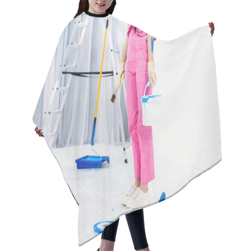 Personality  Cropped Image Of Girl Holding Paint Brush And Bucket With Paint Hair Cutting Cape