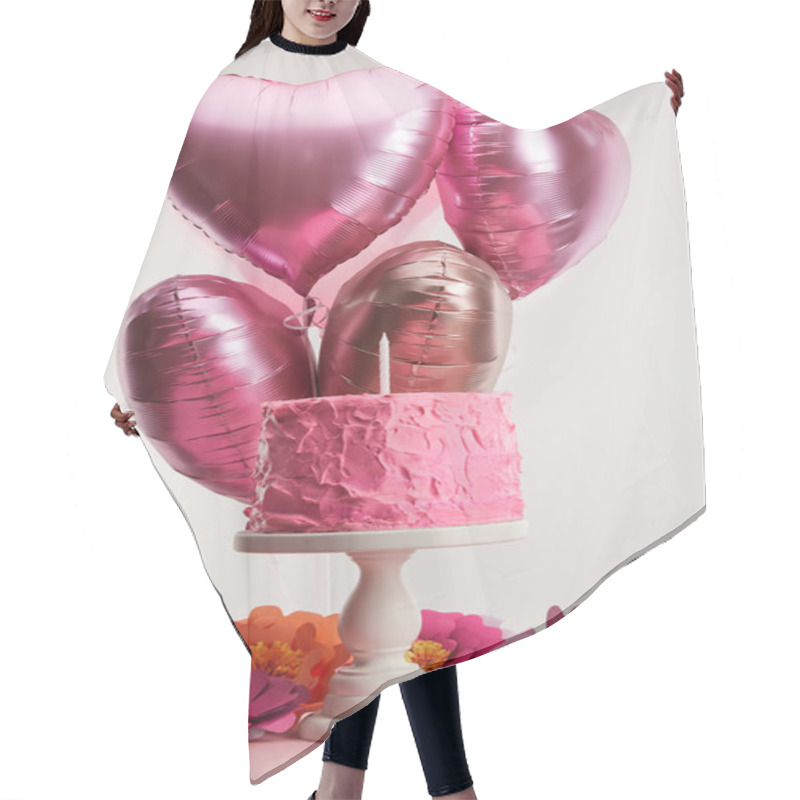 Personality  Tasty Pink Birthday Cake With Candle On Cake Stand Near Paper Flowers And Heart-shaped Air Balloons On Grey Hair Cutting Cape