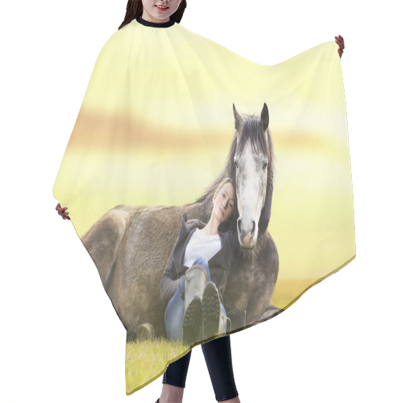 Personality  Pretty Girl And Gray Arabian Horse Lie At Sunset On  Summer Pasture Hair Cutting Cape