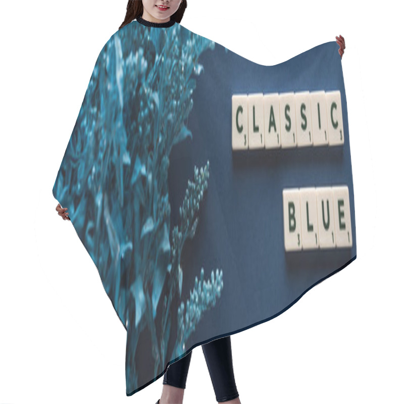 Personality  Top View Of Classic Blue Lettering On Cubes Near Painted Plant On Blue Background, Panoramic Shot Hair Cutting Cape