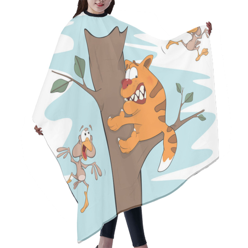 Personality  Cat On A Tree And Birds. Cartoon Hair Cutting Cape