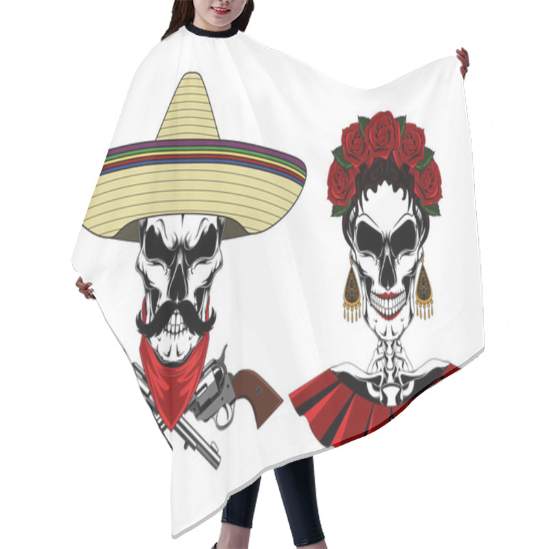 Personality  Vector Image Of A Male And Female Mexican Skull. Hair Cutting Cape