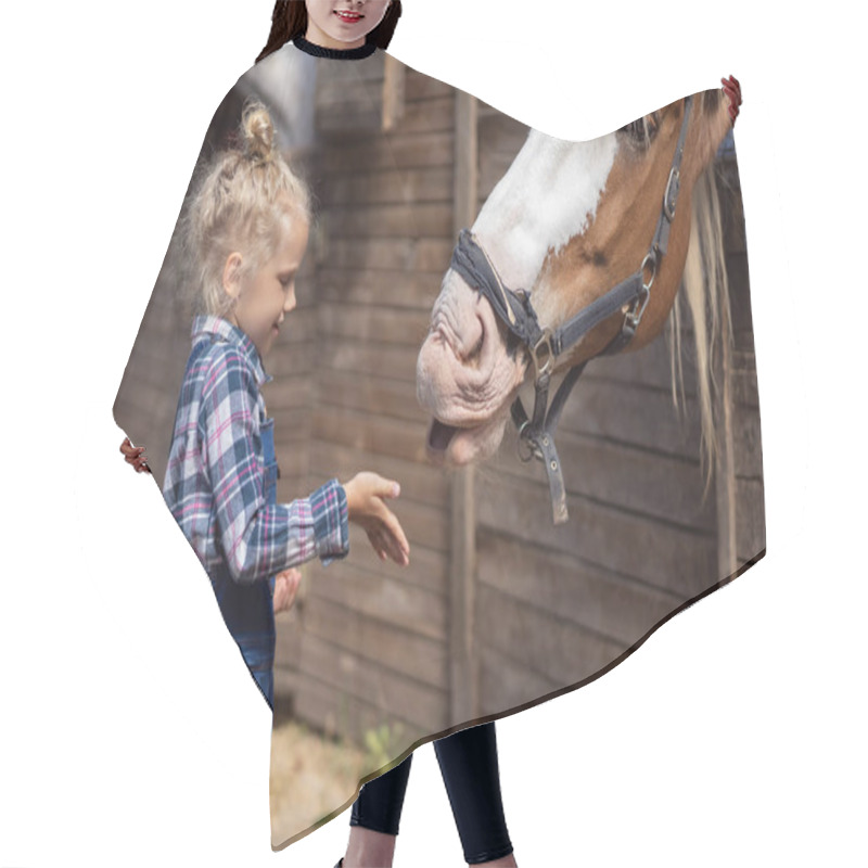 Personality  Side View Of Child Going To Touch Horse At Farm Hair Cutting Cape