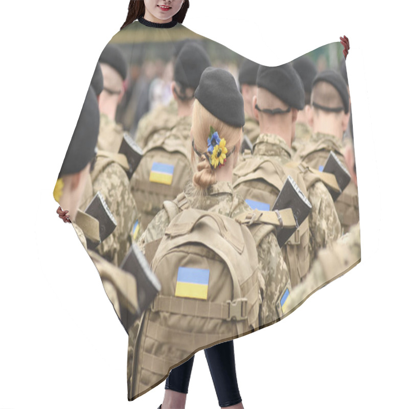 Personality  Woman Soldier. Woman In Army. Ukrainian Flag On Military Uniform. Troops Of Ukraine. Hair Cutting Cape