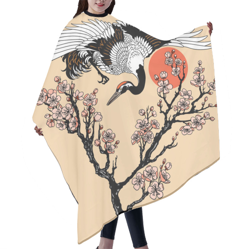 Personality  Japanese Crane With Branch Of Blooming Sakura And Red Sun. Flying Bird And Cherry Tree Flowers Blossom. Tattoo. Vector Illustration Hair Cutting Cape