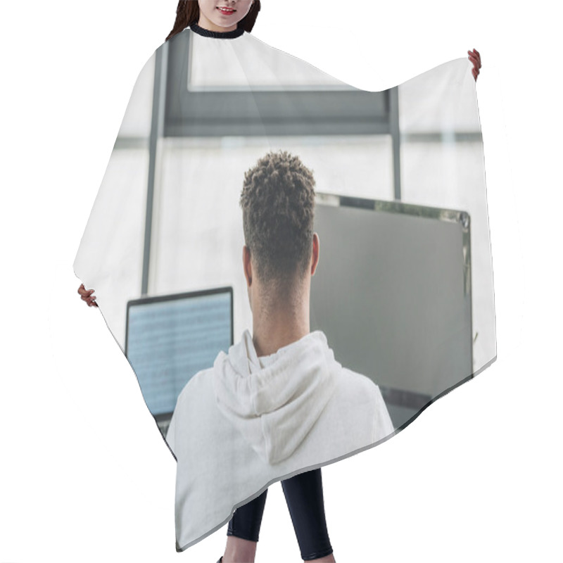 Personality  Back View Of African American Programmer Working On Computers In Office Hair Cutting Cape