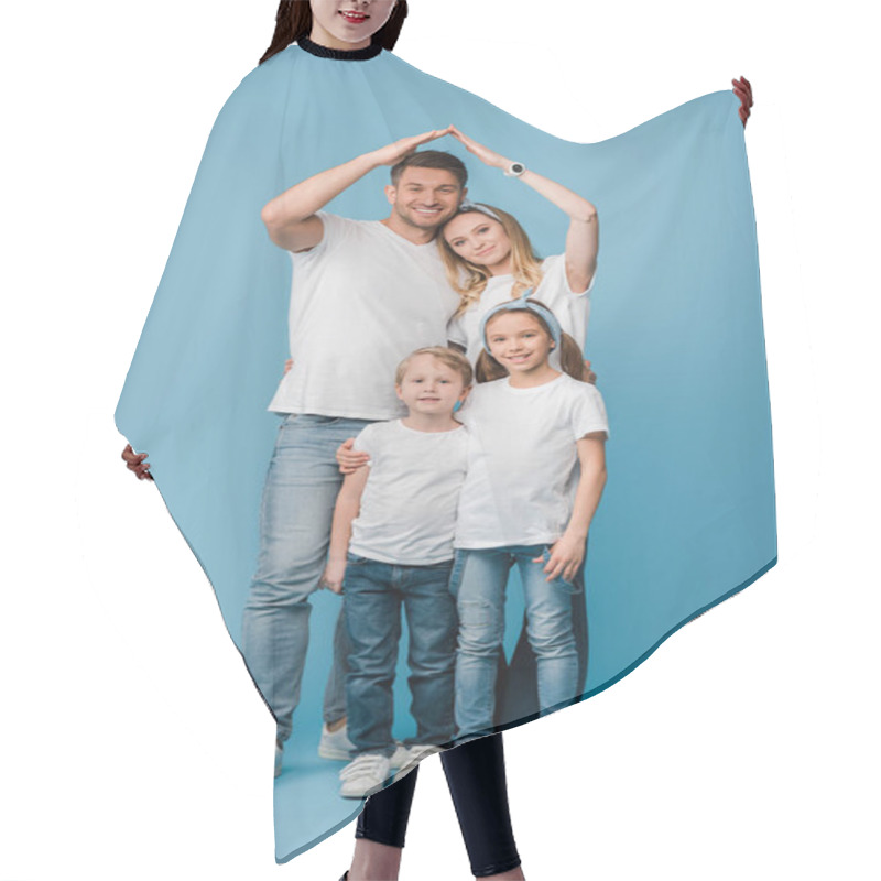 Personality  Happy Family With Kids Making Roof Gesture Over Heads On Blue Hair Cutting Cape