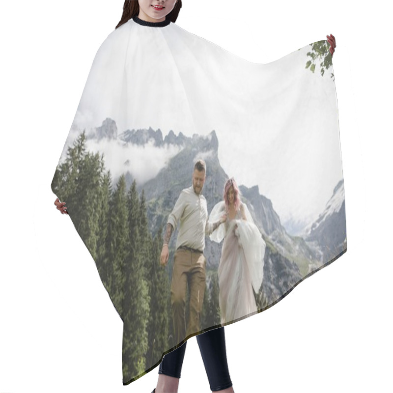 Personality  Beautiful Young Bride And Groom Holding Hands And Walking On Green Mountain Meadow In  Alps Hair Cutting Cape