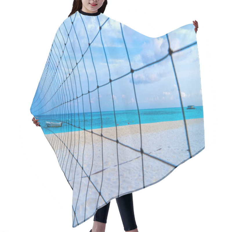 Personality  Volleyball Net On A Deserted Sandy Beach On The Tropical Sea. Hair Cutting Cape