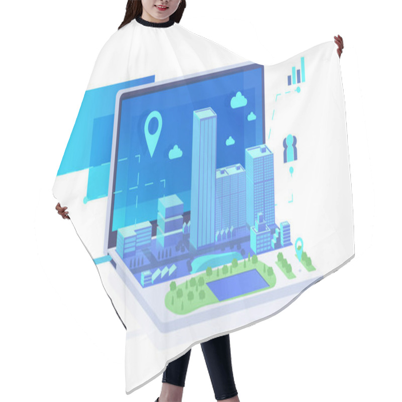 Personality  Isometric 3d Mobile City In Laptop With Point, Park, Graph, Lake, Skyscrapers. Hair Cutting Cape