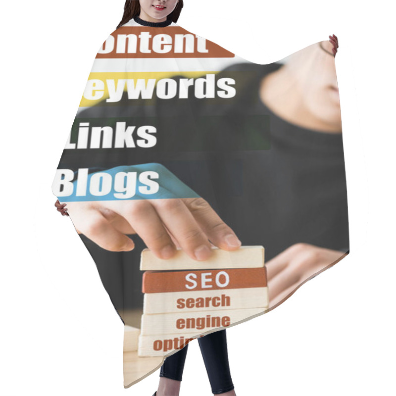 Personality  Selective Focus Of Seo Manager Stacking Wooden Rectangles With Lettering Near Illustration With Keywords, Links, Blogs Words Hair Cutting Cape