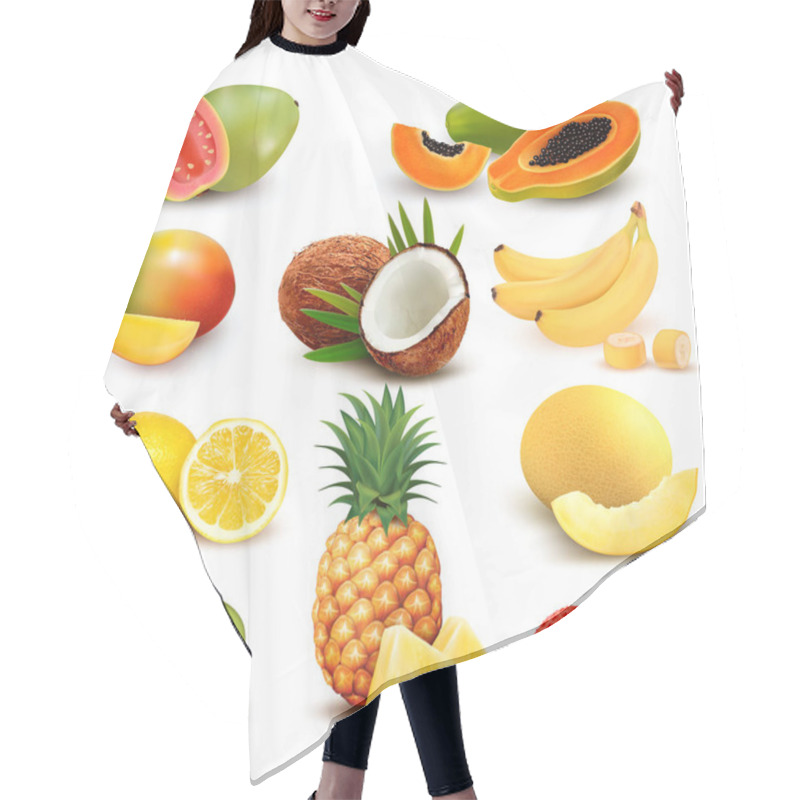 Personality  Collection Of Exotic Fruit And Berries. Papaya, Guava, Limon, Banana, Mango, Coconut, Kiwi, Guava, Melon, Lychee, Pineapple. Vector Set. Hair Cutting Cape