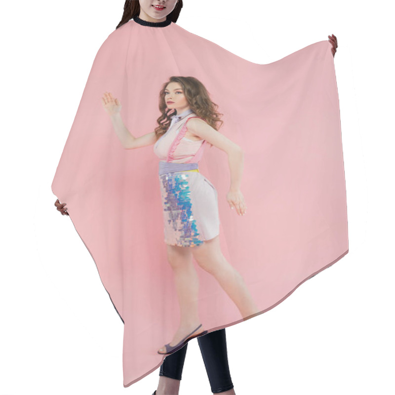 Personality  Doll Concept, Attractive Young Woman With Wavy Hair Posing And Gesturing While Standing On Pink Background, Fashion Model In Stylish Outfit, Femininity, Doll Pose  Hair Cutting Cape