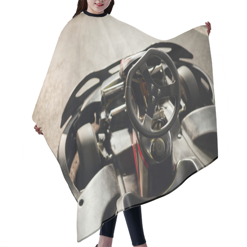 Personality  Top View Of Racing Car Details, Motor Race Vehicle With Black Steering Wheel, Karting And Racing Hair Cutting Cape