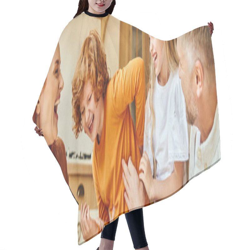 Personality  Joyous Parents Tickling Overjoyed Kids In Modern Kitchen, Fun And Laughter At Cozy Home, Banner Hair Cutting Cape