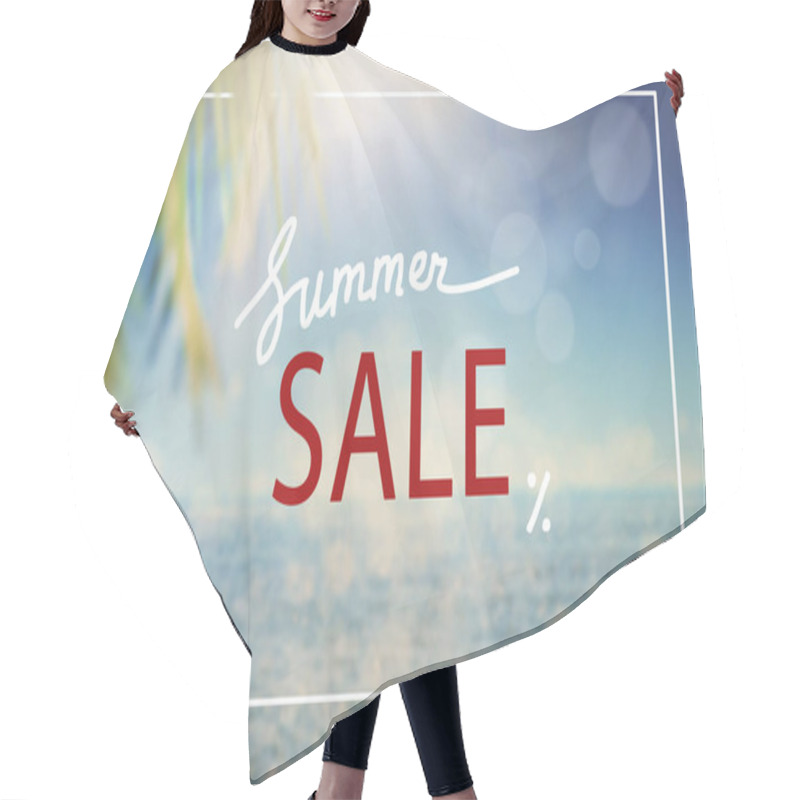 Personality  Blurred Summer Natural Marine Tropical Blue Background With Palm Leaves And Sunbeams Of Light. Summer Sale Inscription In White Frame. Advertising Template. Sea And Sky With White Clouds Hair Cutting Cape