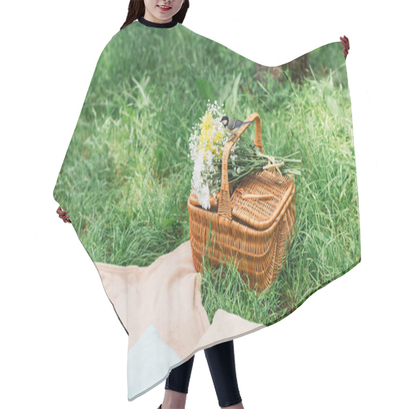 Personality  Tit Bird On Basket With Flowers Near Fruits On Blanket In Park  Hair Cutting Cape