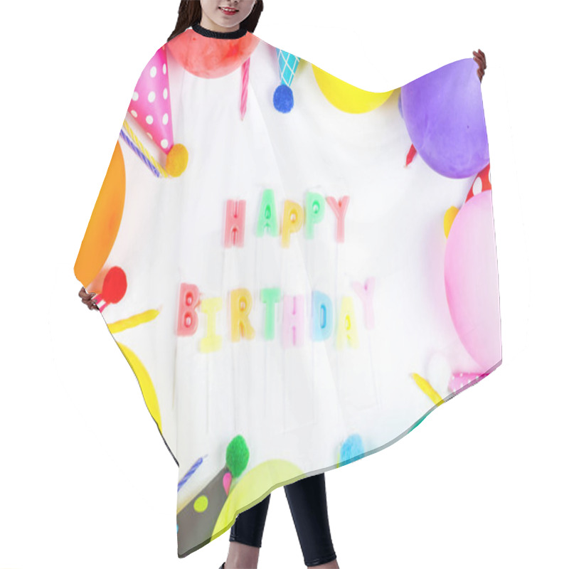 Personality  Concept Birthday Party On White Background Top View Pattern Hair Cutting Cape