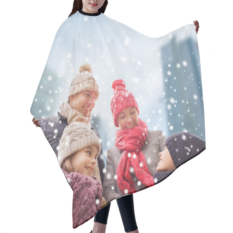 Personality  Happy Family In Winter Clothes Outdoors Hair Cutting Cape