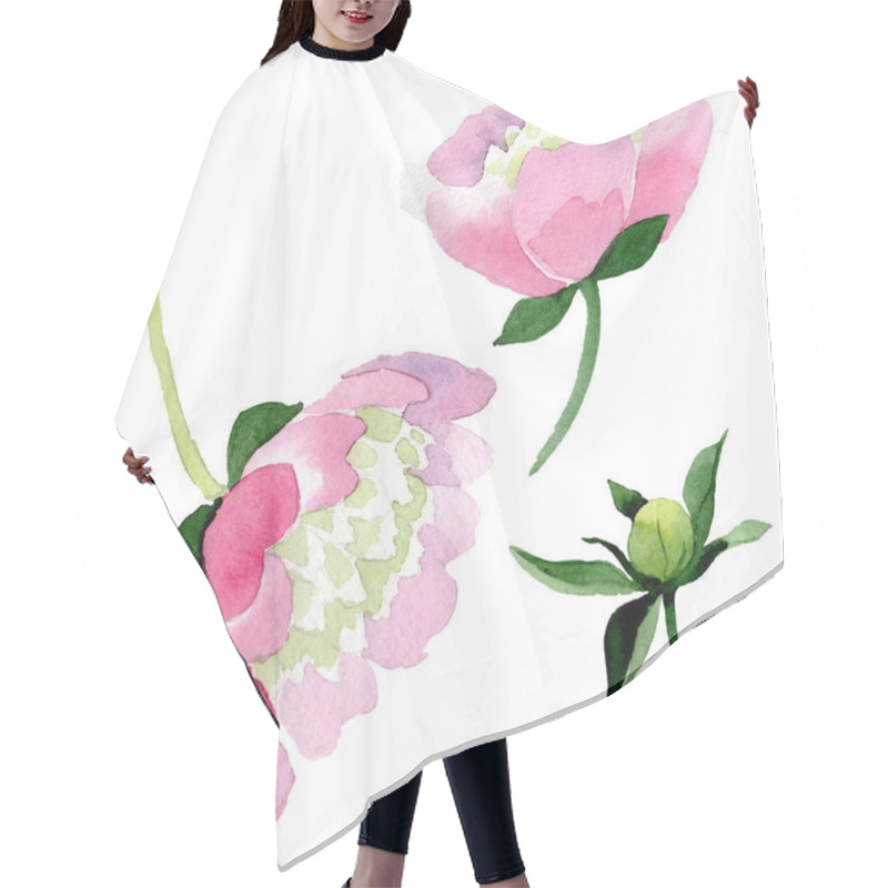 Personality  Beautiful Pink Peony Flowers Isolated On White Background. Watercolour Drawing Fashion Aquarelle. Isolated Peony Flowers Illustration Element. Hair Cutting Cape