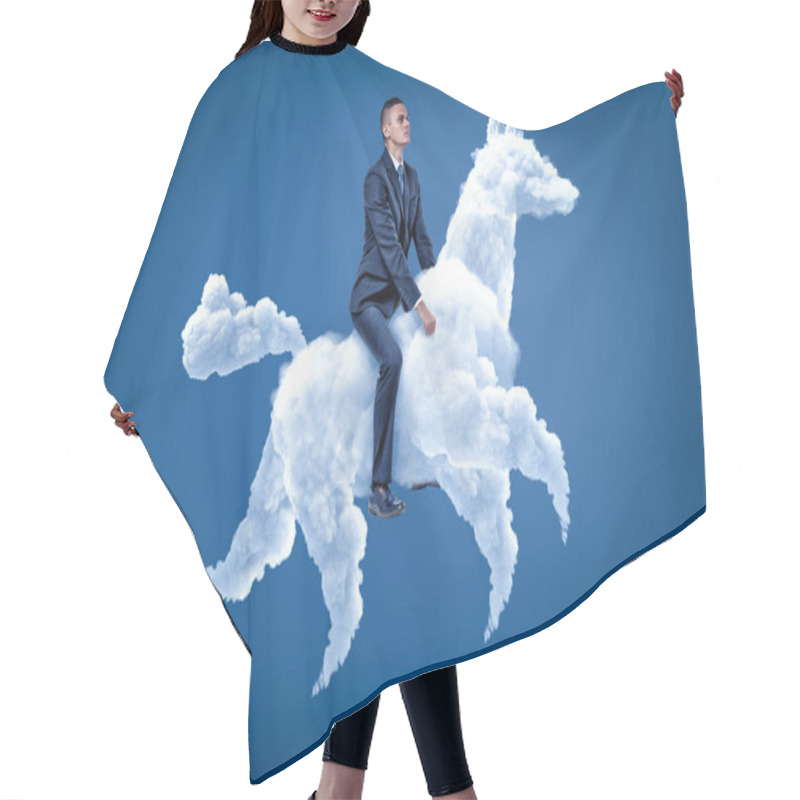 Personality  Young Businessman Riding White Cloud Horse On Blue Background Hair Cutting Cape