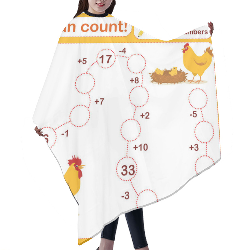 Personality   Vector Illustration Of A Children's Math Game On The Topic I Can Count. Mathematical Examples For Addition And Subtraction In The Form Of A Game Hair Cutting Cape