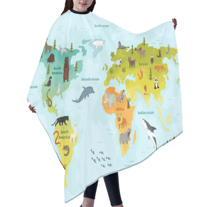 Personality  World Map With Different Animal. Funny Cartoon Banner For Children With The Continents, Oceans And Lot Of Funny Animals. Materials For Kids Preschool Education Hair Cutting Cape