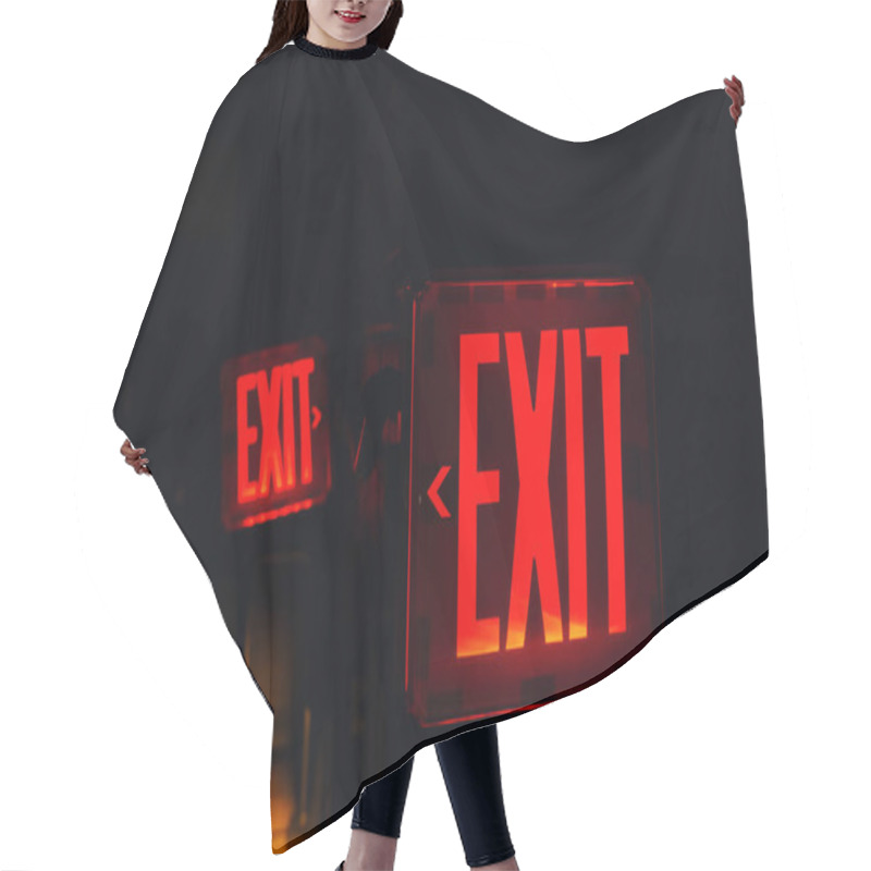 Personality  Close Up View Of Red Exit Sign On Black Backdrop Hair Cutting Cape