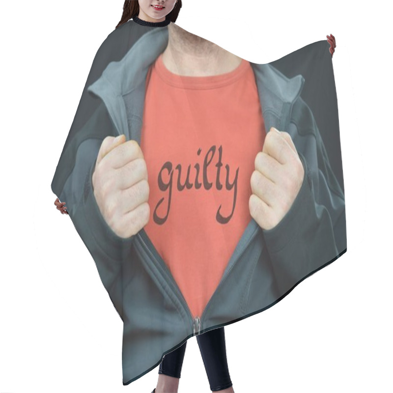 Personality  A Man With The Word GUILTY Written On His Red T-shirt Showing It While Opening His Jacket With Both Hands Hair Cutting Cape