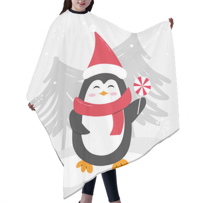 Personality  Cute Christmas Penguin In Flat Style Wearing Festive Accessories. Perfect For Holiday Designs, Cards, And Decorations. Hair Cutting Cape