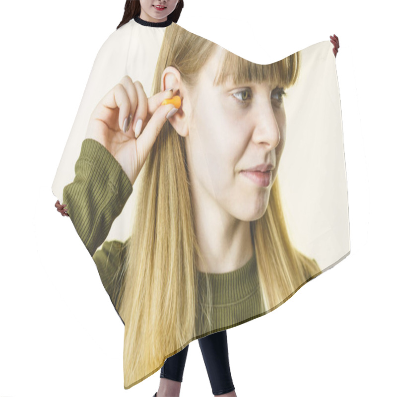 Personality  Woman Putting Ear Plugs Into Ears Hair Cutting Cape