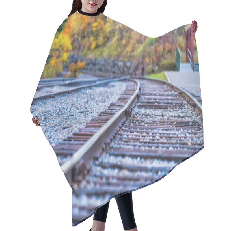 Personality  Closeup Of Railway Across Beautiful Foliage Landscape. Hair Cutting Cape