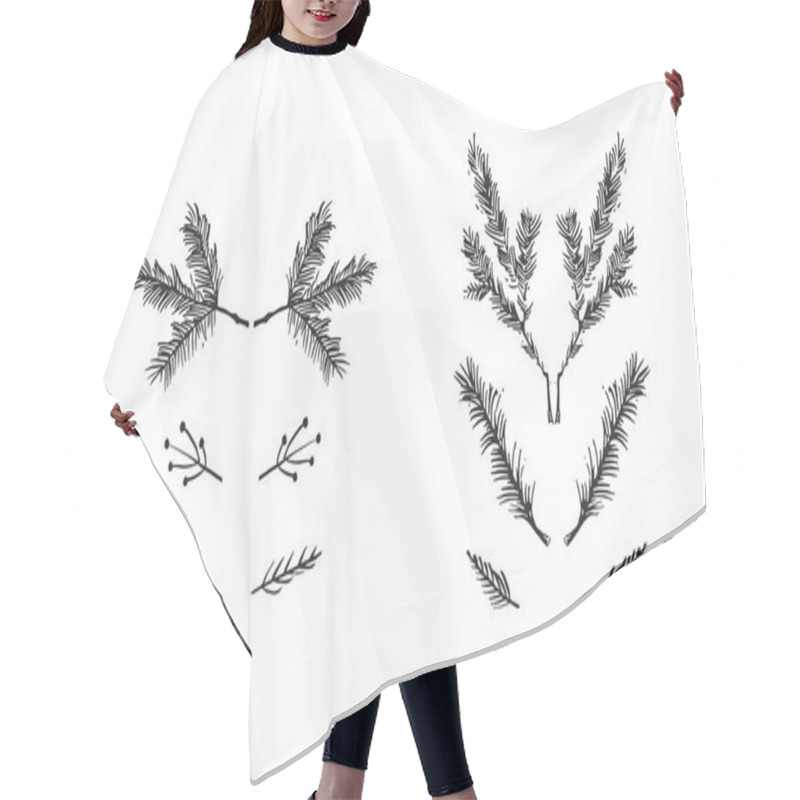 Personality  Hand Drawn Vector Merry Christmas Rough Freehand Graphic Greeting Design Elements Collection Set With Ink Scandinavian Christmas Tree Branches Isolated On White Background Hair Cutting Cape