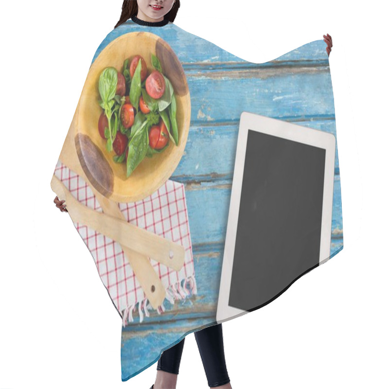 Personality  Tablet On Blue Wooden Desk With Food 3d Hair Cutting Cape