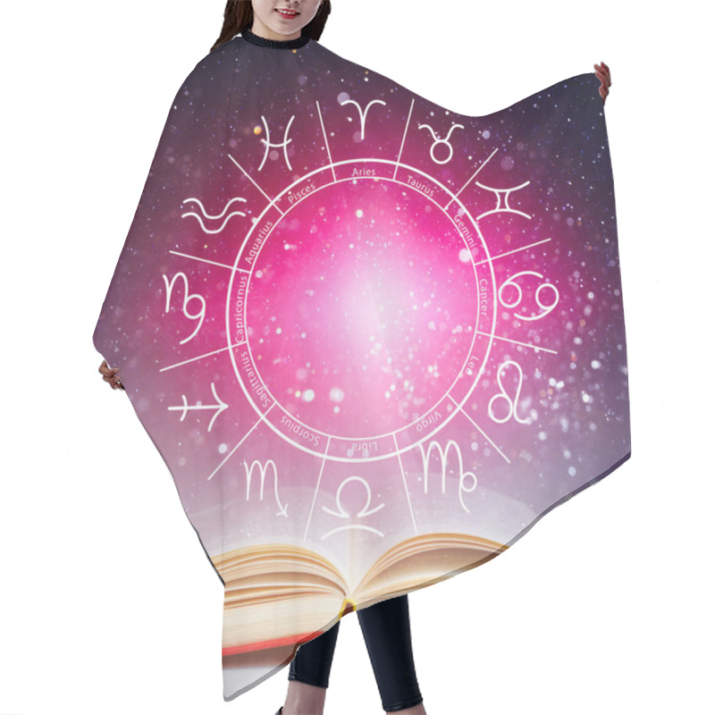 Personality  Open Book, Illustration Of Zodiac Wheel With Astrological Signs And Starry Sky At Night Hair Cutting Cape