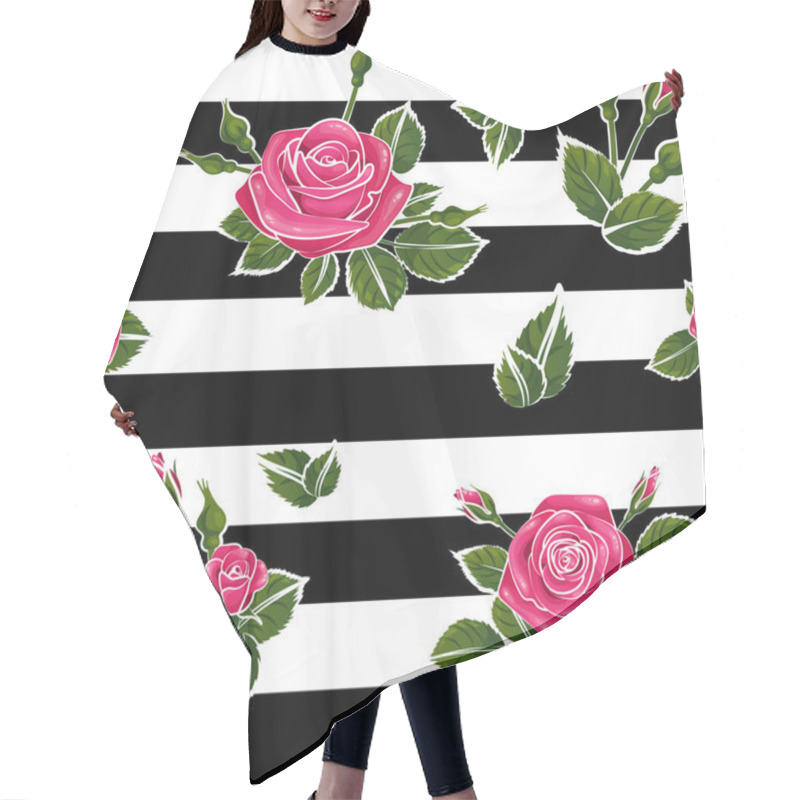 Personality  Red Roses Pattern Seamless Stripes With Green Leafs Black And White Lines, Vector Repeat Tile Hair Cutting Cape