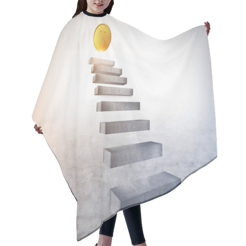 Personality  Concrete Stairs Going Up With A Shining Dollar Coin On The Top. Concept Of Financial Success And Business Goals. 3d Rendering Copy Space Hair Cutting Cape